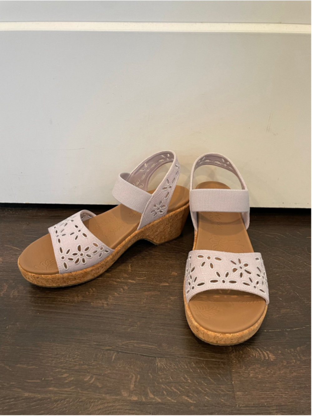 Women's Skechers Brystol Platform Wedge Sandals Lavender Floral Cutout Cork Heel
